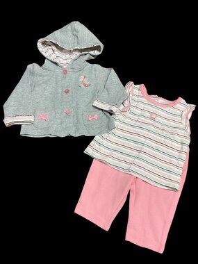 Size 3M - Grey/Pink 3 Piece Striped Outfit w/ Butterfly & Bow Details